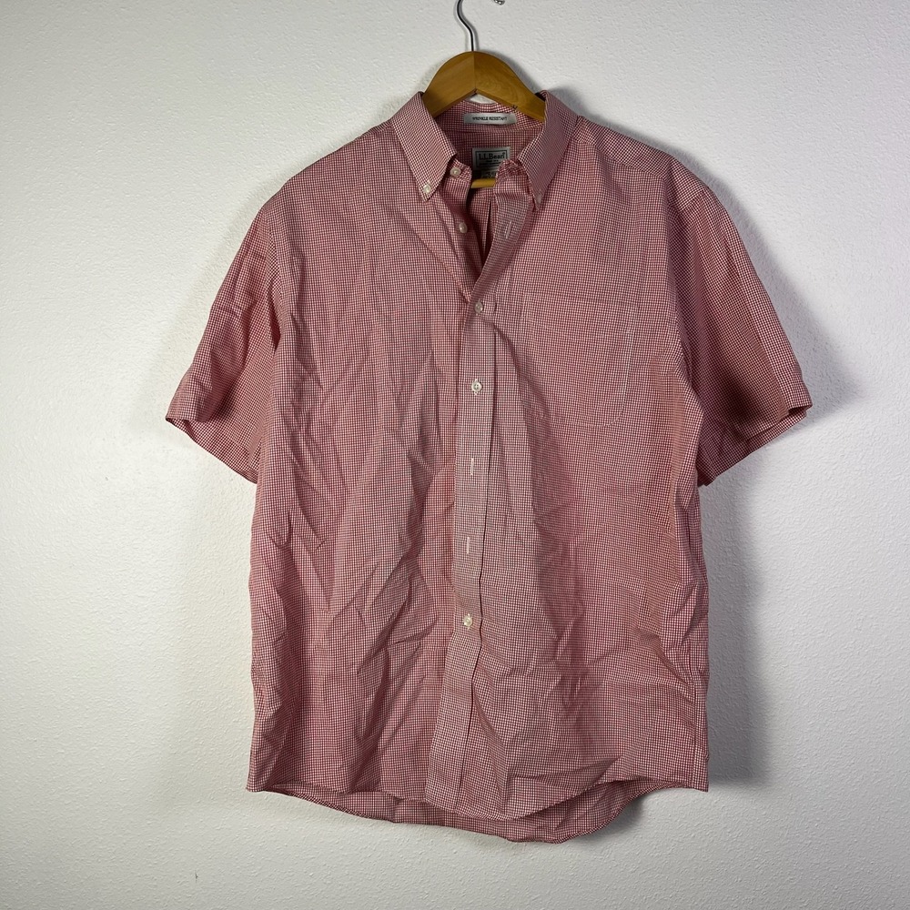 L.L. Bean Button Down Shirt Mens Medium Red Excellent Gingham Wrinkle Resistant